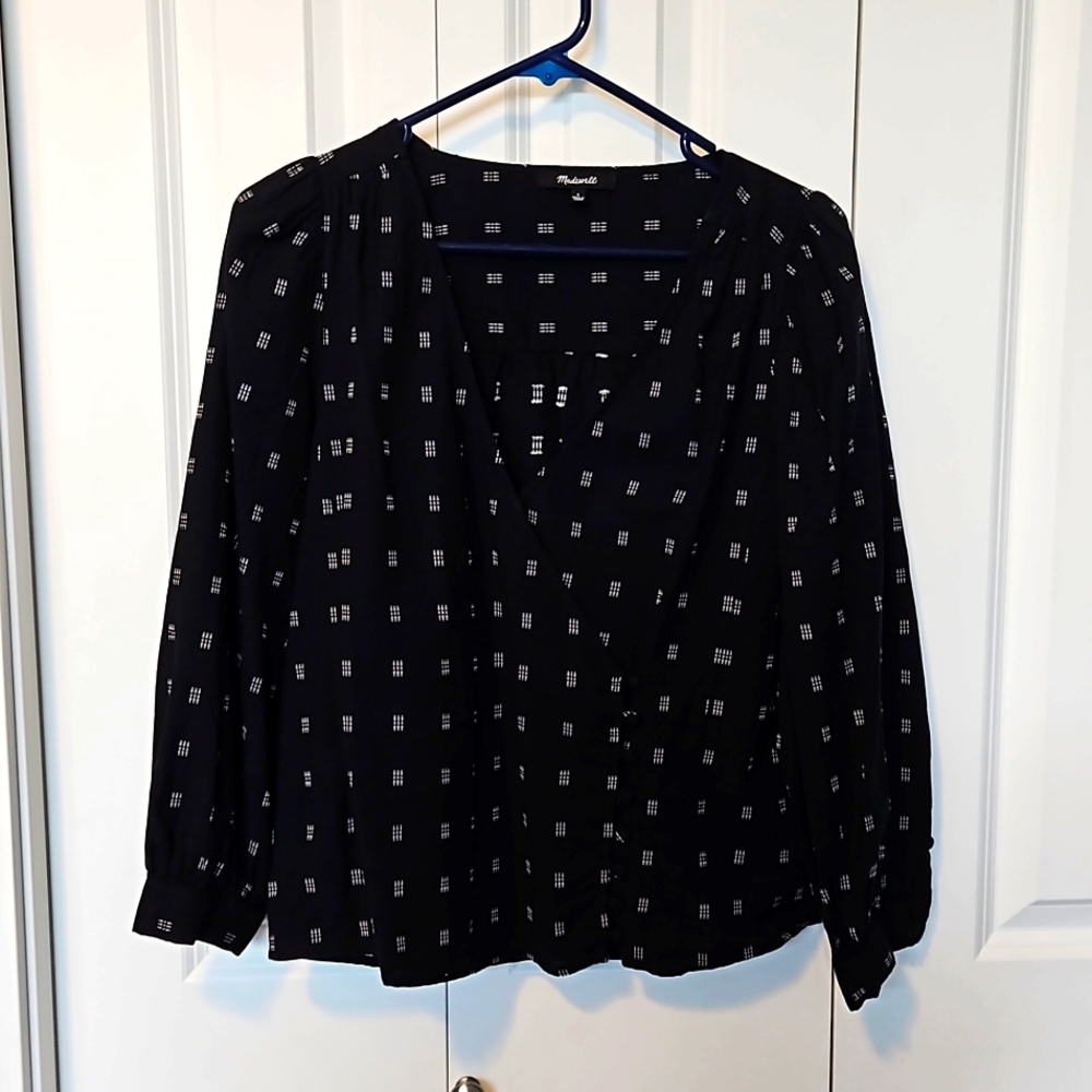 Madewell Black Blouse with White Grid Dots
